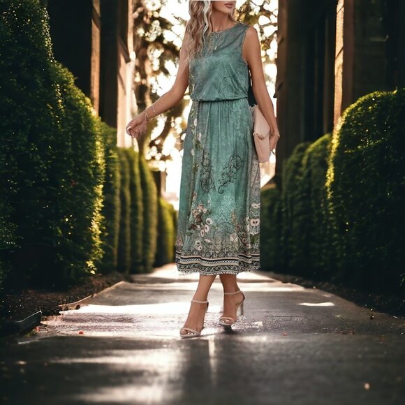 🆕️Enchanting Boho Midi Dress | Green Floral Sleeveless with Thigh Slit 🌸🌿💃 - Picture 10 of 16